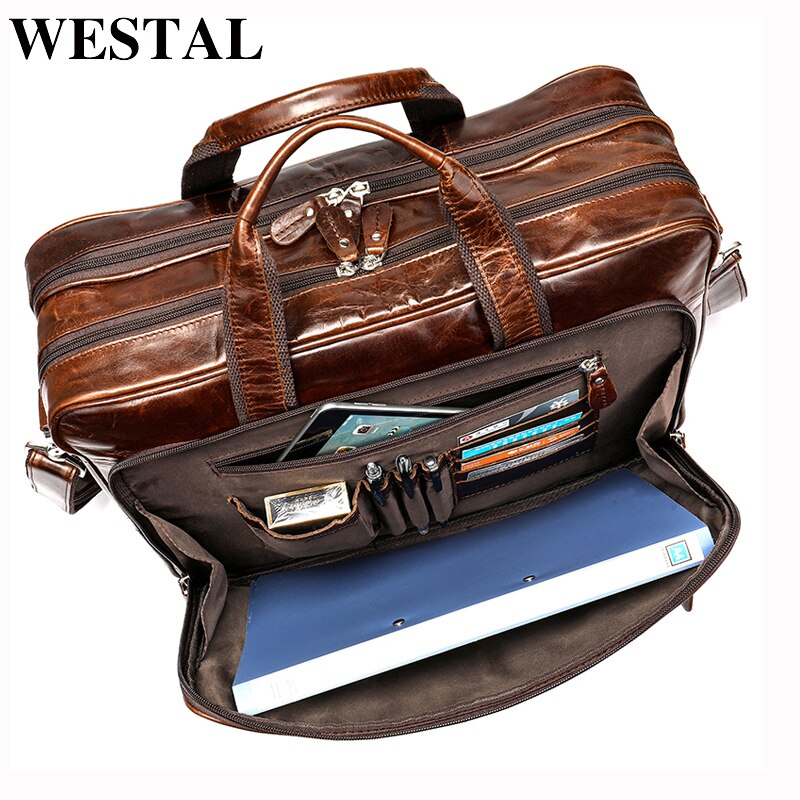WESTAL Multifunction Men's Genuine Leather Laptop Bags 15''