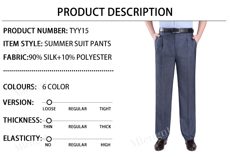 Men's dress pants, office pants. 90% silk and 10% polyester, colours - black, blue, dark grey, dark grey 2, blue grey and light grey; loose fit, no elasticity.